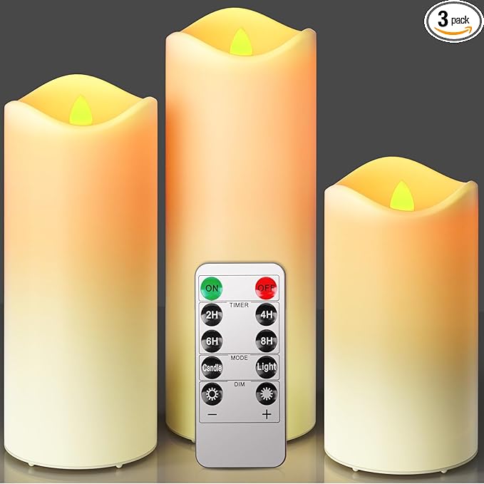 Flickering Flameless Candles, Realistic Battery Operated Candle with Timer, 6 AA Batteries Included, Set of 3 Outdoor Indoor Decor with 10-Key Remote LED Flameless Candles, Birthday Gifts for Him, Her