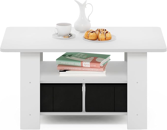 Furinno Andrey Coffee Table, Small Modern Coffee Table with Storage and Bin Drawer, Side Table for Living Room, Bedroom, Home Office, White