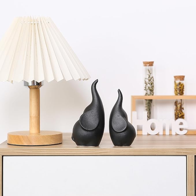Ceramic Elephant Figurines with Trunk Up, Pair Couples Loving Elephant Statue, Small Figurines Sculpture African Home Decor, Valentine Elephants Gifts for Women, Wedding Knick Knacks（Black）