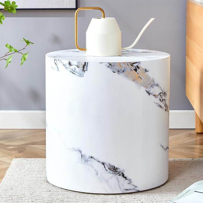 Round Side Table, End Table Living Room Tables, Faux Marble Sofa Couch Tables, Bedside Table Nightstand for Small Spaces, Bedroom