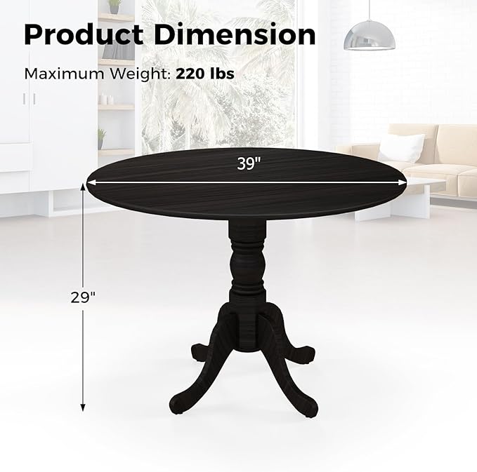 Giantex Round Dining Table, 39" D X 29" H, Rubber Wood Pedestal Table W/Round Tabletop & Curved Trestle Legs, 4-Person Dinner Table for Kitchen, Dining Room, Restaurant (Black)
