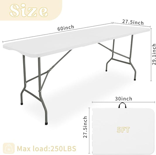 Folding Table 5 FT Camping Table Portable Heavy Duty Plastic Rectangular Outdoor Dining Table Steel Legs Fold-in-Half with Carrying Handle for Indoor,Picnic,Party,Wedding,Events(White)