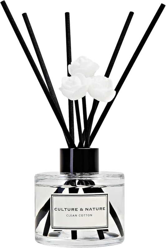 CULTURE & NATURE Reed Diffuser Set 4oz (120ml) Clean Cotton Scented Diffuser with Sticks Home Fragrance Reed Diffuser for Bathroom Shelf Decor