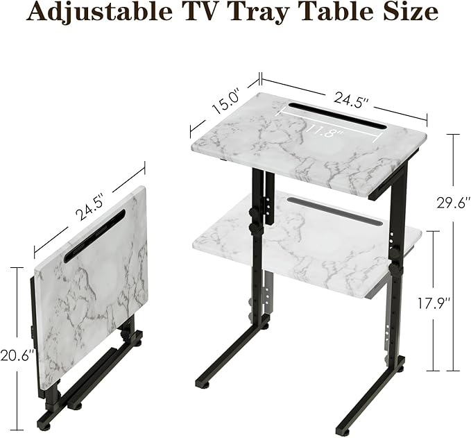 TV Tray, Folding TV Dinner Table, Adjustable Small C-Shaped End Tray for Eating, Foldable Slide Under Couch Side Table for Recliner, Living Room,No Assembly Required(White Marble,2Pcs)