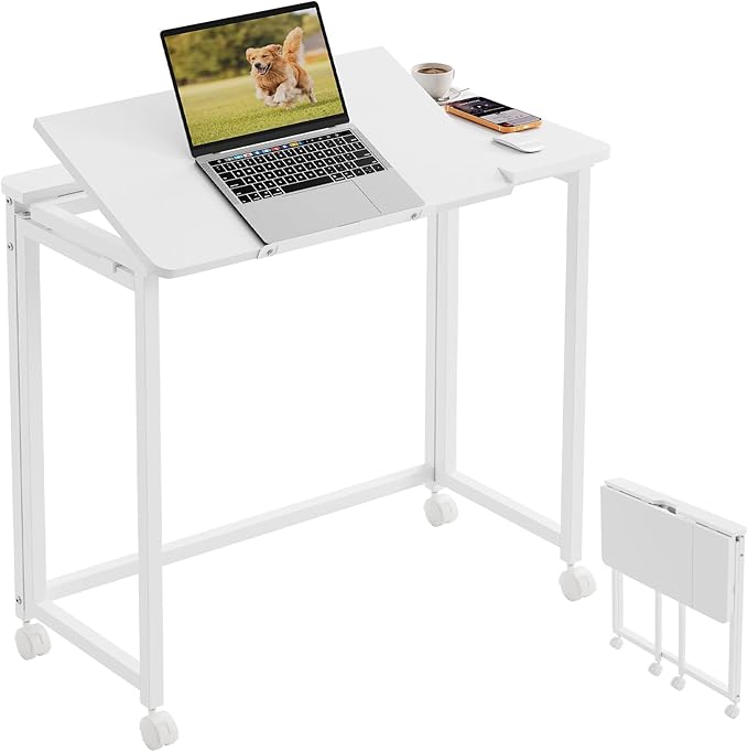 GreenForest Folding Desk with Adjustable Tiltable Desktop 0-90°, 31.5 inch Small Desk with Wheels, Rolling Drafting Table for Laptop, Reading, Writing, Drawing, Work, White