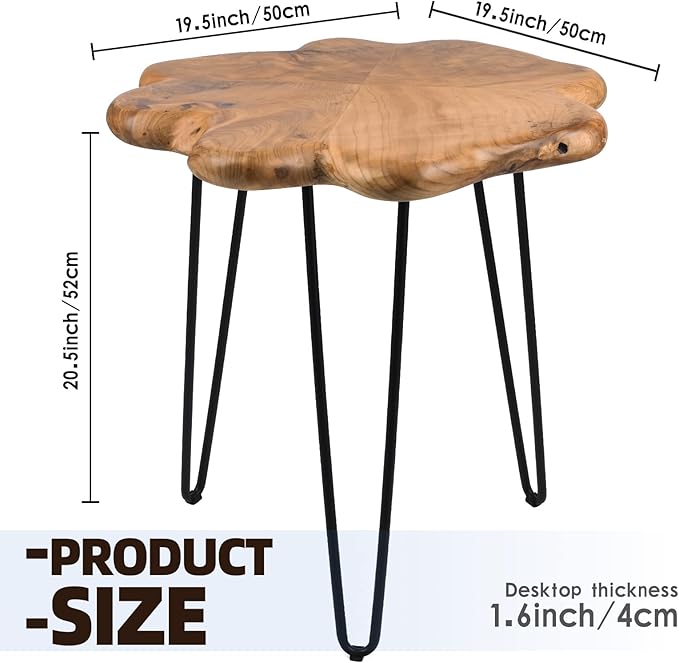 19.5 Inch Live Edge Side Table, Wood Freeform Small End Table with Waterproof, Rustic Accent Table Unique for Living Room, Bedroom, Home