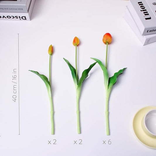 16-inch Premium Real Touch Fake Tulips Artificial Flowers with Buds, Flexible Stem Easy to Shape, Faux Tulips for Home Decor Indoor (Vase not Included), 10-Pack Set of Sunset Orange