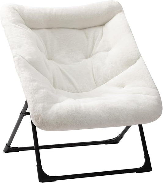HollyHOME X-Large Saucer Chair, Comfy Oversized Folding Chair, Faux-Fur Reading Chair for Teens, Adults, Foldable Accent Lazy Chair, Metal Frame Lounge Chair for Living Room, Bedroom, Dorm, White