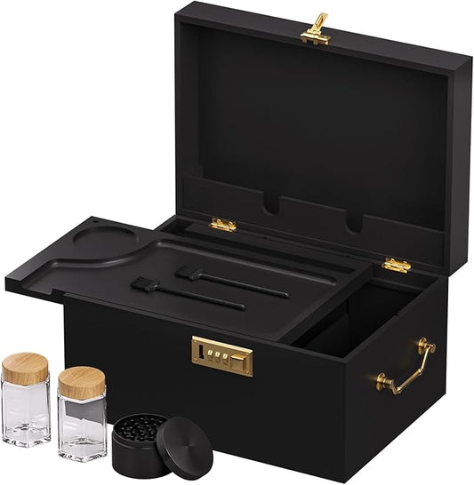 Lockable stash box with rolling tray – Premium bamboo box organizer with grinder, jars & brushes | Stylish wooden stash boxs, spacious Storage Box, great large stash box for home,Holiday Gift