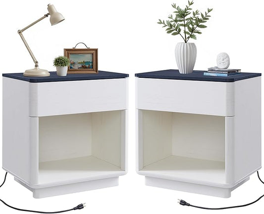 ACCOHOHO Modern Nightstand Set of 2 with Charger Station, 22" Wide Night Stand with Storage Drawer & Open Shelf, Large Bedside Table for Bedroom, Wood End Table, Curved Profile, White
