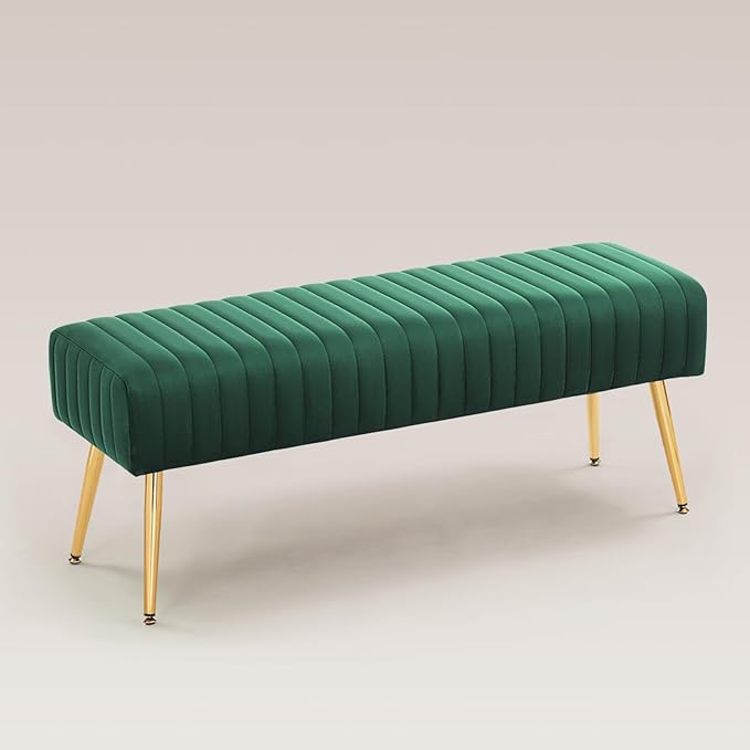 Furnimart 44 Inch Green Velvet Bench Ottoman Comfortable Footrest Stool Table Bench Dining Bench Tufting Bench Indoor Bench with Gold Legs for Living Room Bedroom Entryway (Velvet-Green)