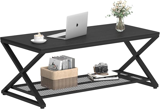 LVB Black Coffee Table, Metal Wood 2 Tier Center Tables with Storage Shelf, Modern Rectangular Cocktail Tea Table for Living Room, Wooden Middle Concrete Table for Office Bedroom, 39 inch, Black Oak