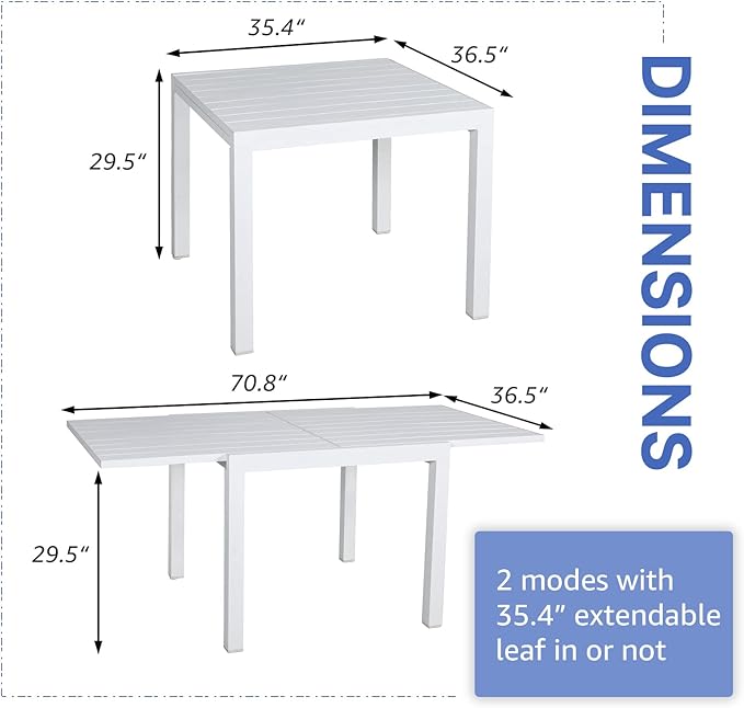 Soleil Jardin Aluminum Patio Extendable Dining Table, 35" - 71", Adjustable Indoor Outdoor Furniture Rectangle Table for 4-6 Person Porch Deck Garden, White