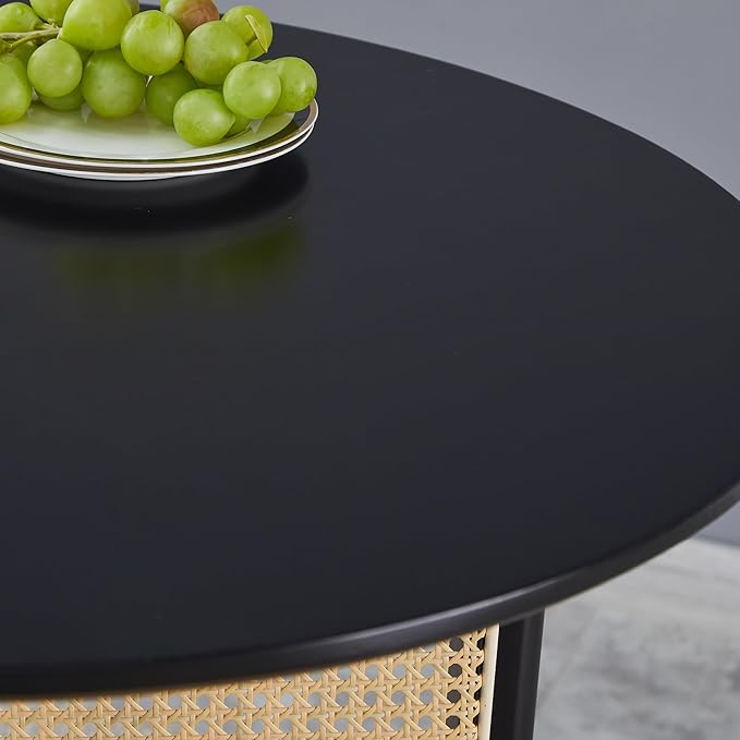 Small Round Coffee Table – 31.5" Solid Wood & Rattan Coffee Table, Modern Rustic Low Accent Table for Living Room, Boho Style, Black Height 29"