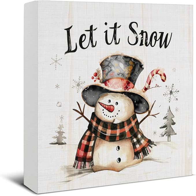 Let It Snow Christmas Decorations - Snowman Decor, Christmas Winter Wooden Sign, Home Decor for Desk Table Shelf 5 X 5 Inches