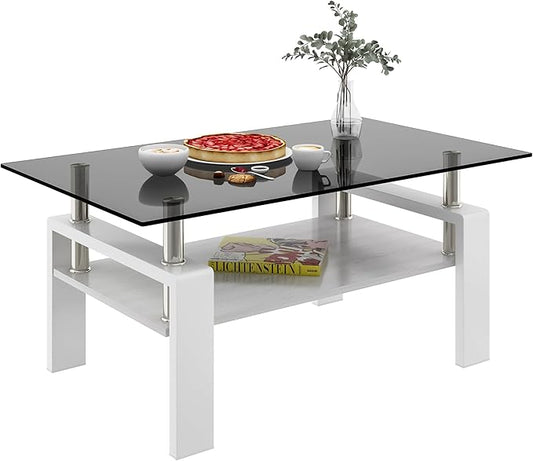 Coffee Table for Living Room, Modern Rectangle Tempered Glass Center Table with MDF Storage Shelf, 220lbs Load-Bearing for Small Space, Apartment, Office (Gray + White + Tempered Glass)