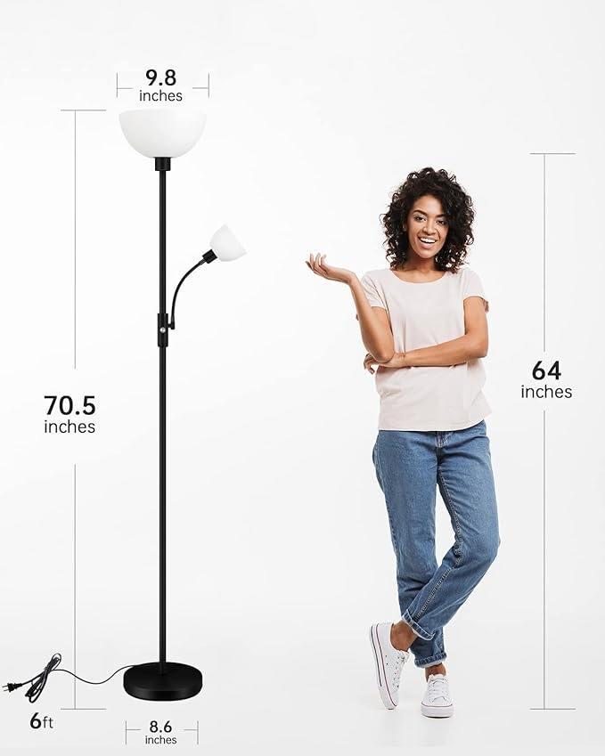 Floor Lamps for Living Room Black, 71" Tall Pole Bedroom Light, Bright Floor Lamp with Adjustable Reading Light, Simple Standing Lamp, White Plastic Lampshade, 3-Way Rotary Switch, Modern Mid-Century