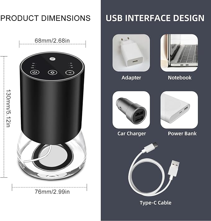 Waterless Essential Oil Diffuser Aromatherapy Scent Diffusers for Home Large Room, Bedroom, Car, Office, Desk, Battery Operated Mini Portable Air Freshener (Black-Glass)