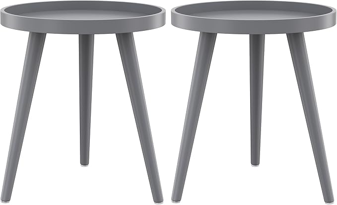 Apicizon Grey Round Side Table Set of 2, Tray Nightstand Sofa Coffee End Table for Living Room, Bedroom, Small Spaces, Easy Assembly Bedside Table, 15 x 18 Inches, Grey