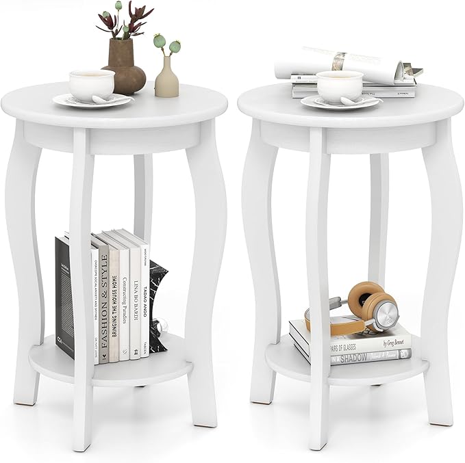 GOFLAME 2-Tier Round End Table Set of 2, Mid-Century Modern Sofa Side Table with Storage Shelf, Solid Wood Legs, Compact Accent Table, Nightstand for Living Room, Bedroom, Small Space, White