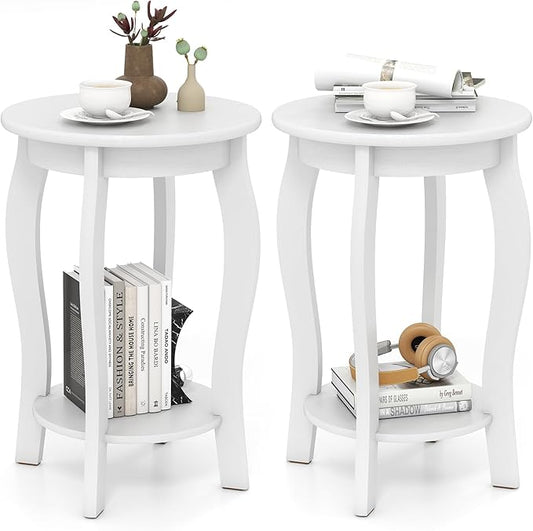GOFLAME 2-Tier Round End Table Set of 2, Mid-Century Modern Sofa Side Table with Storage Shelf, Solid Wood Legs, Compact Accent Table, Nightstand for Living Room, Bedroom, Small Space, White