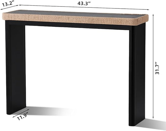 43" Wood Console Table for Entryway, Farmhouse Narrow Entry Tables with Rattan Decor, Boho Skinny Couch Table Behind Sofa for Living Room, Hallway, Foyer, Black
