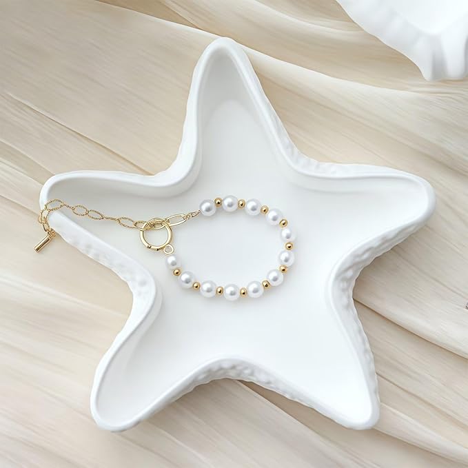 Starfish Jewelry Dish Ceramic Holder Ring Trinket Tray, Ocean-themed Decorative Trinket Dish, Suitable for Mother Friend Sister, Gifts for Women, Home Decor Trinket Dish(White)