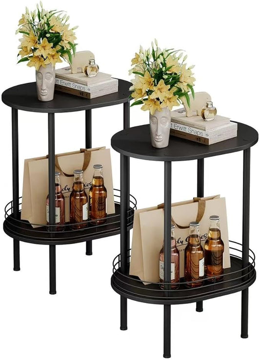 Round Side Table Set of 2,Bedside Table with Storage, Morden Round Nightstand, Samll Side Table for Living Room，Bathroom，Bedroom, Nursery, Laundry, Black