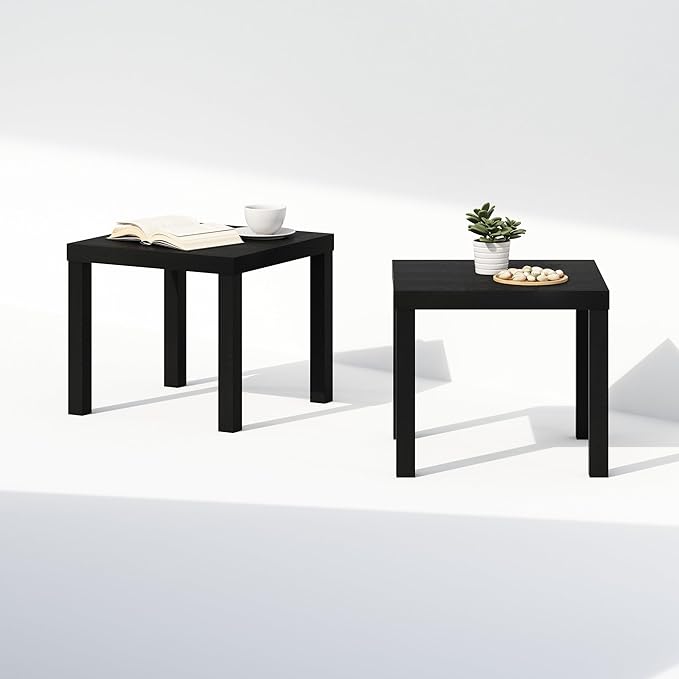 Furinno Classic Coffee Table Set of 2, Square Modern Coffee Table with 1.8" Thick Tabletop, Side Table with 4 Legs, for Living Room, Bedroom, Home Office, Black