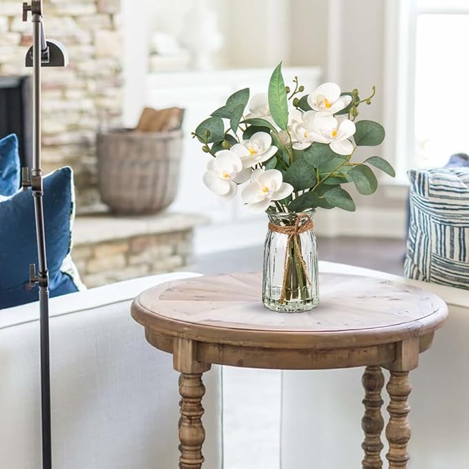 White Orchids Artificial Flowers with Vase Fake Flowers in Vase Artificial Eucalyptus Stems in Glass Vases with Faux Water Faux Orchid with Eucalyptus Leaves Arrangement for Dining Table Centerpiece