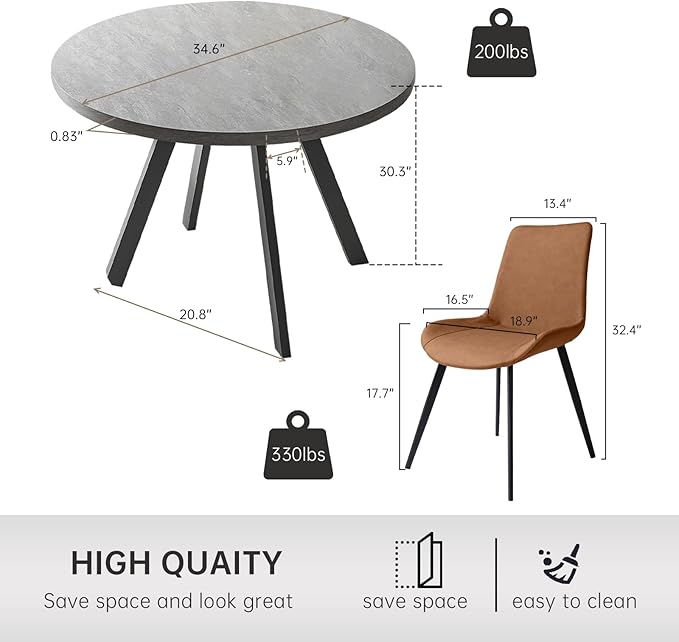 34.6'' Round Dining Table and Chairs for 2, Space Saving Modern Casual Coffee Table Set for Apartment Kitchen Dining Room (Grey Table+2 Brown Chairs)