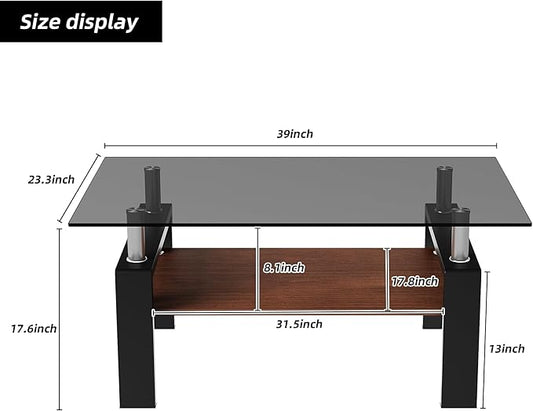 Modern Coffee Table with Tempered Glass Top, MDF Shelf and Metal Legs, Two-Tier Living Room Table, Sturdy Coffee Table for Small Spaces, Lounge, or Office (Grey Glass+Brown+Black)