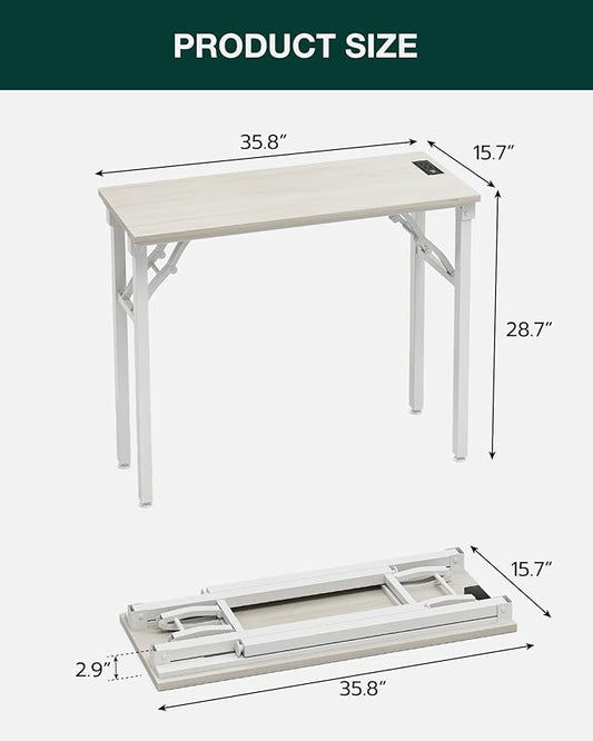 Frylr Small Folding Computer Desk – 35.8 Inch Portable Table for Craft and Study, Lightweight Desk for Small Spaces, Foldable Laptop Table Built-in AC/USB Outlets for Convenience, White Ash