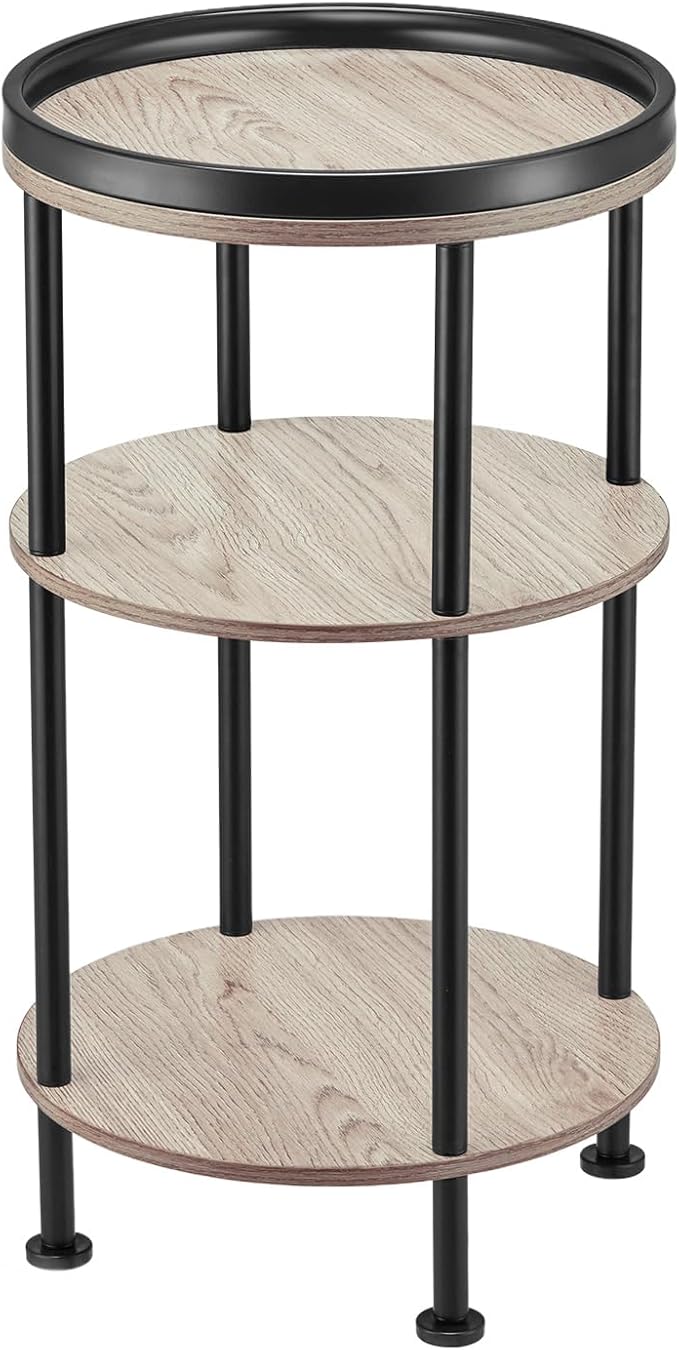Small Round Side Table, Oak Round End Table for Living Room & Bedroom, Modern 3-Tier Nightstand with Storage Shelf, 11.8" Narrow Accent Table for Small Spaces, Nursery, Plant Stand,Natural Wood Finish