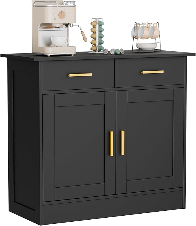 Buffet Cabinet with Storage - Buffets & Sideboards Kitchen Storage Cabinet, Wood Console Table Coffee Bar Accent Cabinets for Living Room Dining Room Entryway Small 2 Doors & Drawers, Black 35.4"W