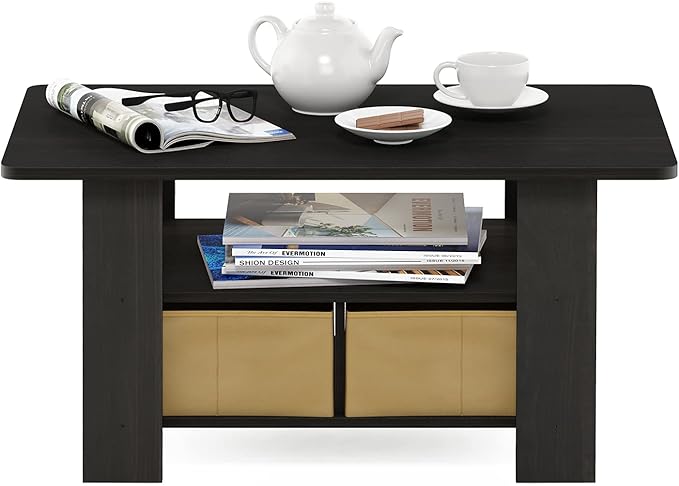 Furinno Andrey Coffee Table, Small Modern Coffee Table with Storage and Bin Drawer, Side Table for Living Room, Bedroom, Home Office, Dark Espresso