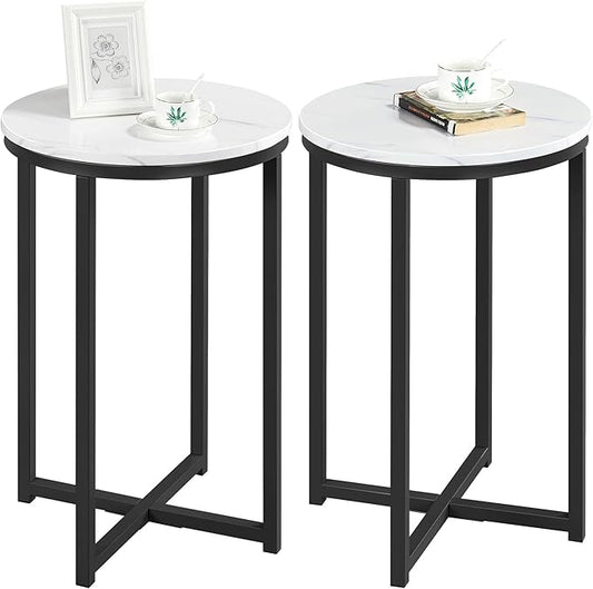 Yaheetech Round End Table Set of 2,16in Faux Marble Accent Table,Modern Side Table with Marble Top and Metal Frame,Small Coffee Table Telephone Table for Living Room/Small Space,Black
