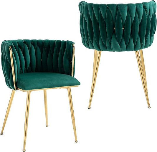 NIOIIKIT Modern Velvet Dining Chairs Hand Weaving Accent Chairs Living Room Chairs Upholstered Side Chair with Golden Metal Legs for Dining Room Kitchen Vanity Living Room (Emerald)