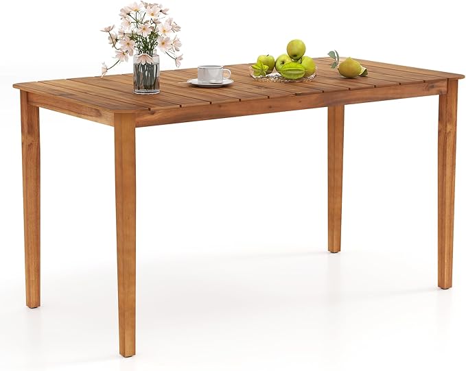 Tangkula Rectangular Outdoor Dining Table, 4-6 People Large Acacia Wood Patio Table with Slatted Tabletop, Indoor Outdoor Farmhouse Bistro Table for Yard, Garden, Poolside, Deck