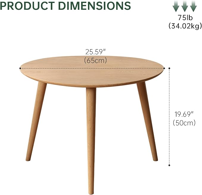 Small Oval Coffee Table, 25.6" Mid Century Modern End Table for Living Room, 100% Solid Oak Wood Center Table, Side Table (Original Wood Color, 25.59''Wx17.51''Dx19.68''H)