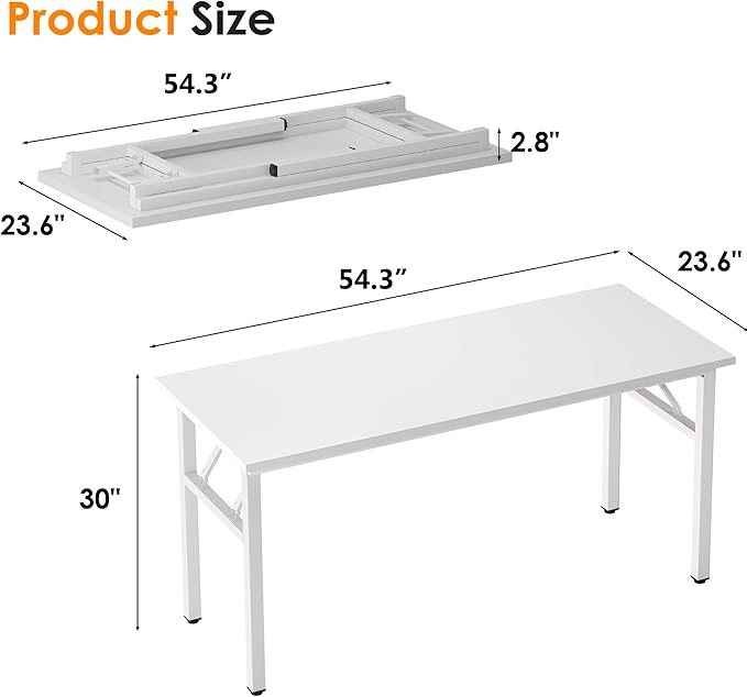 Need Folding Desk, 54 inch Large Computer Desk for Home Office, No Install Needed Study Student Writing Table Desk Workstation, White