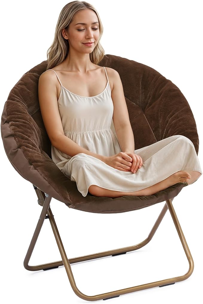 Athena Collection Comfy Saucer Chair Folding Cozy Chair for Bed Room Living Room Accent Chair Faux Fur Reading Chair Foldable Metal Frame Lazy Chair Moon Chair for Adult, Brown