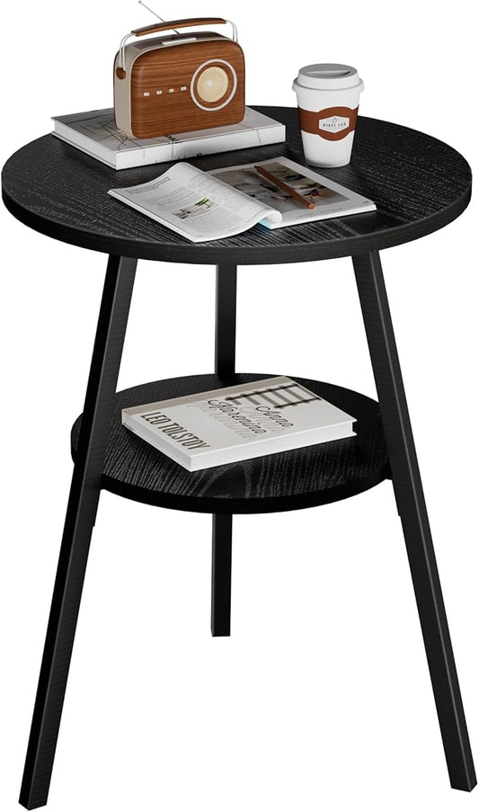 INHABIT UNION Round Side Table, 2-Tier End Table with Black Wood Top and Metal Frame, Small Accent Table for Living Room, Bedroom, 15.4" D x 21.6" H
