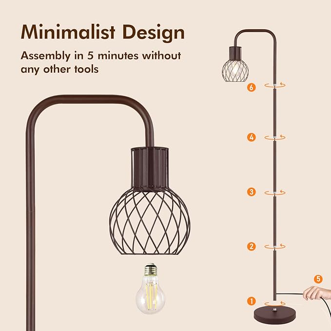 Industrial Standing Lamp with 6W LED Bulb, Foot Switch - Modern Metal Lamp for Living Room, Bedroom, Office - Vintage Rustic Minimalist Farmhouse Stand Up Lamps Brown