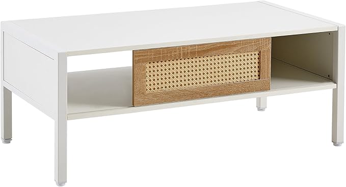 IANIYA 40.16" Boho Coffee Table, Rectangle Wooden Accent Center Tables, Living Room Table with Sliding PE Rattan & Solid Metal Legs for Living Room, Apartment Small Space (White Metal)