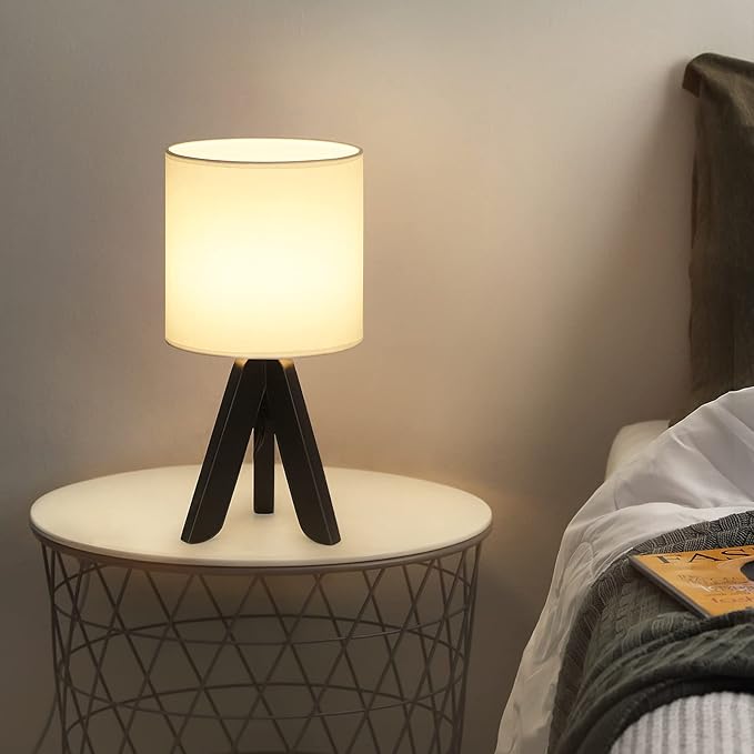 HAITRAL Wooden Tripod Table Lamp with Black Base, Small Table Lamp Bedsides Lamp with Linen Fabric Shade, Nightstand Lamp Cute Night Lamp for Bedroom,Kids Room,Nursery,Dorm