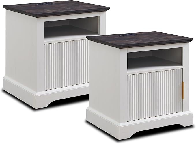 Fluted Nightstand Set of 2, 22" Large Modern Side Table with Charging Station, Wood End Table w/Open Shelf, Bedside Table with Storage Space for Bedroom, Living Room (White)