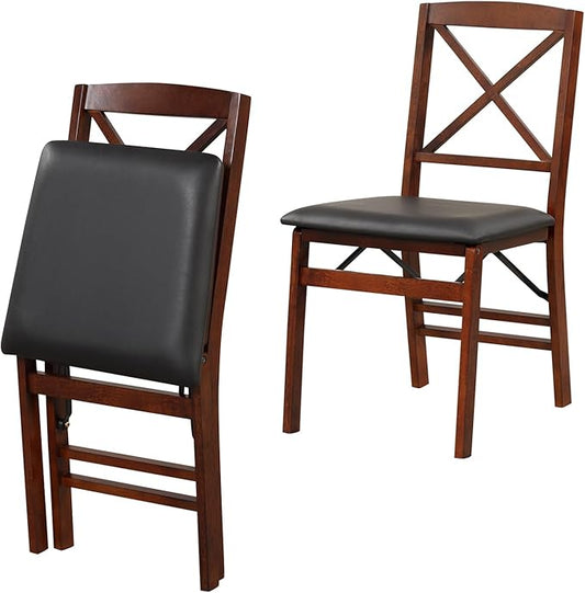 Folding Chairs Set 2, Wooden Foldable No Assembly Chair-Set with Padded Seats, Solid Wood Frame, 400 lbs Weight Capacity, Space Saving Dining Chairs for Small Space, Guests Kitchen (2, X-Shaped Back)