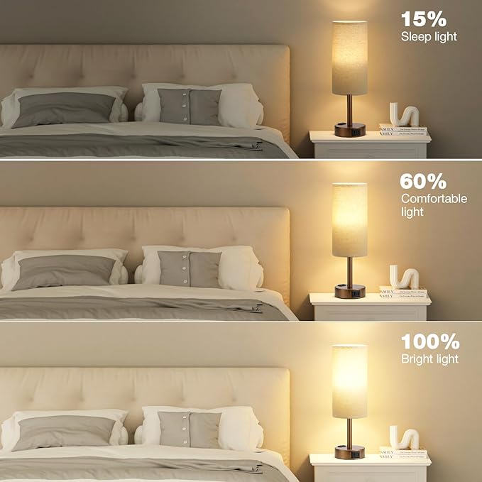 Fenmzee Brown Bedside Table Lamp for Bedroom - 3 Way Dimmable Touch Lamp USB C Charging Ports and AC Outlet, Small Lamp Round Flaxen Fabric Shade for Living Room, Desk, LED Bulb Included