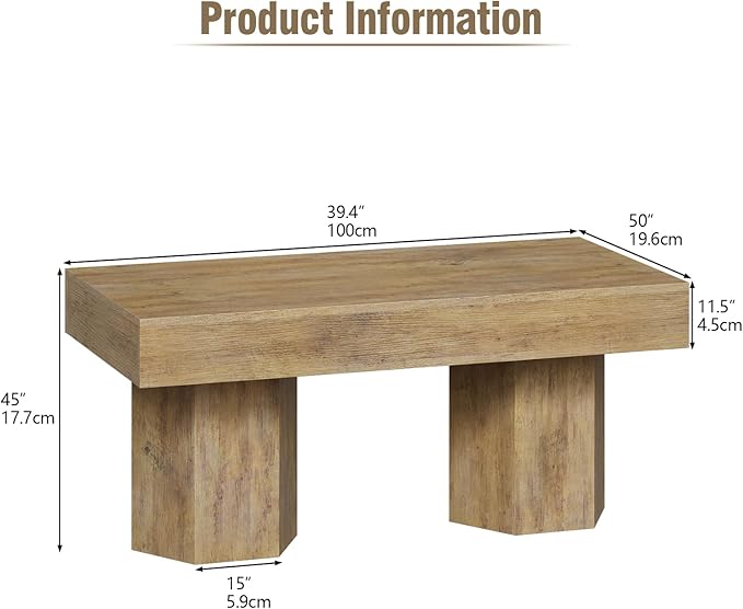 GiftGo Coffee Table Mid Century Modern Center Living Room Table Farmhouse Wooden Rectangle Cocktail Tea Table for Office (Light Brown, L-39.37)